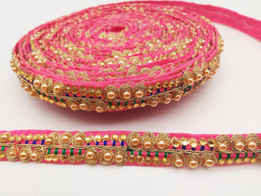 Cerise Pink Fabric Embroidered Trim with Gold Beads, Decorative Sari Trim, Trim By 3 Yards